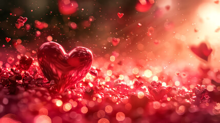 Wall Mural - red heart is floating in a blurry background. the heart is surrounded by a lot of light and blurry b