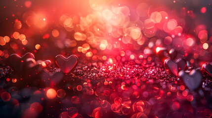 Wall Mural - red background with many hearts scattered across it. the hearts are small and shiny, and they are sp