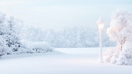 Wall Mural - Snowy winter landscape with lit lamppost.