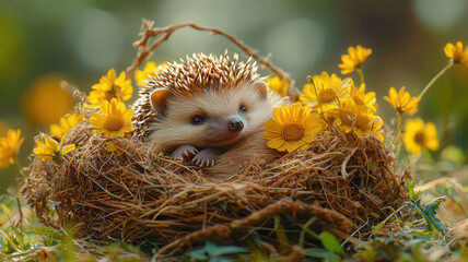 A cute baby hedgehog curled up in a nest of soft grass and wildflowers,