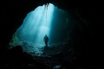 Poster - Silhouetted figure walks towards light in dark cave.