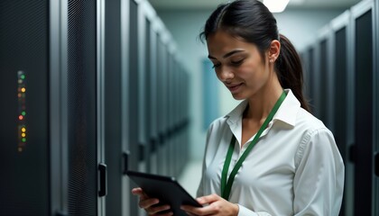 Poster - Indian specialist examines server racks in data center. Woman uses tablet for tech work. Modern tech specialist in tech center. Data center worker looks at servers. pro checks servers using device.