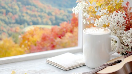 Wall Mural - Autumnal view, coffee, book, ukulele.