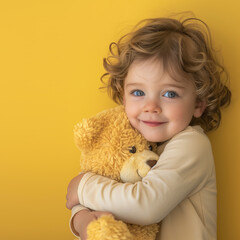 Little girl child hugging a teddy bear, happy and smiling, copy space on yellow background