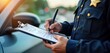 © miss irine - Police officer writes traffic ticket for speeding violation. Officer fills document on clipboard. Closeup view of hands, clipboard. Situation occurs outdoors near vehicle. Law enforcement action in