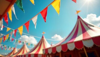 Colorful circus tents stand under vibrant blue sky. Festive flags in various colors flutter in wind. Summer fun, joy evident. Lively atmosphere. Image perfect for community festival. Colorful tents