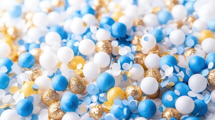 Wall Mural - Close-up of blue, white, and gold sprinkles and candy balls.