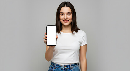 Mockup image of a beautiful woman woman holding and showing smartphone or mobile phone with blank white screen
