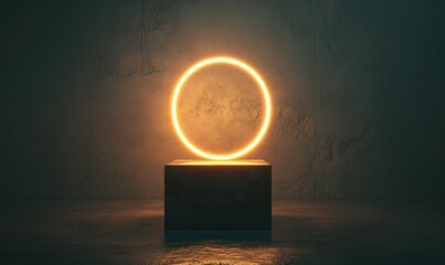 Poster - Glowing oval, dark cube, textured background.