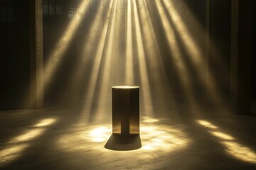 Poster - Cylindrical object illuminated, sunbeams in dusty room.