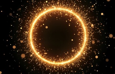 Aufkleber - Circular frame of bright golden light sparkles, glitter particles on dark background. Dynamic design of glowing particles create circle of light. Golden ring of light shines. Abstract illustration