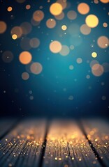 Wall Mural - abstract festive background with shimmering gold bokeh on dark blue. glittering gold specks on woode