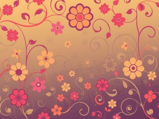 Wall Mural - Swirling floral retro wallpaper design with vibrant colors and intricate patterns, floral, design