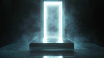 Poster - Dark room, platform, glowing rectangle, smoky atmosphere.