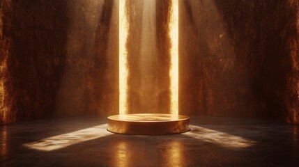 Poster - Illuminated golden platform, textured brown walls.