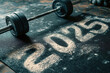 © AI Factory - The numbers 2025 written in white chalk dust on a gym floor next to a loaded barbell