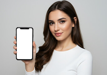 Mockup image of a beautiful woman woman holding and showing smartphone or mobile phone with blank white screen

