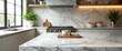 © miss irine - Empty modern marble kitchen countertop provides spacious copy space for product display food presentation in bright interior. Elegant kitchen with blurred background of white cabinets, marble