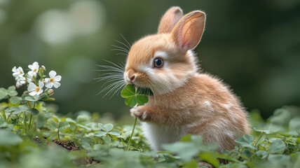 A playful baby rabbit chewing on a clover in a field of lush green grass,