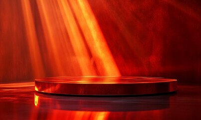 Poster - Red platform, fiery light, reflective surface.