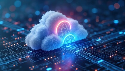 Fototapete - Secure cloud storage solution with data transfer protection. Futuristic digital service for data transfer. Cloud hosting service with secure access. Network connection with generative AI features.