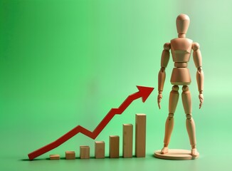 Poster - Wooden mannequin stands before growing graph indicators. Business growth concept. Financial indicators rise. Success represented. Graphic display on green background. Investment concept. Analysis of