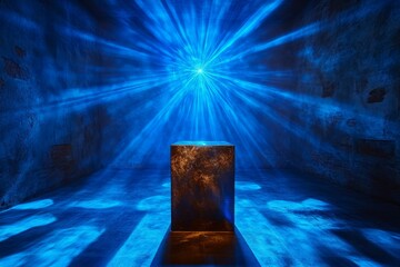 Poster - Dark room, blue light beams, cube-shaped object.