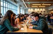© miss irine - Students eat lunch in university cafeteria. Many diverse students sit at tables, eat meals. Seem focused, involved in lunch, study. Cafeteria bustling with activity, offers variety of food options.
