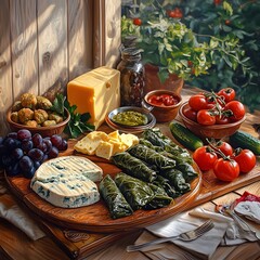 Poster - Rustic wooden board with assorted cheeses, grapes, olives, dolmas, tomatoes, and pesto.