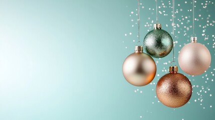 Wall Mural - Festive pastel Christmas ornaments hanging against a teal background with glitter.