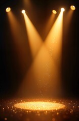 Aufkleber - Golden spotlights illuminate stage studio. Bright light beams create dramatic effect. Glitter particles float in air. Empty space suggests preparation for event. Perfect for templates, posters