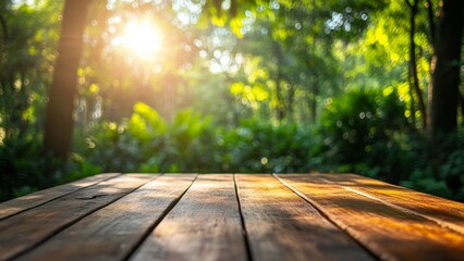 Wall Mural - Sunlight filtering through trees onto a wooden table in the forest