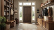 © Infinity Lens - Mudroom featuring sturdy door leading into house, welcoming home entrance with practical flooring, indoor inside space designed for transitioning, functional interior with bench and shelves.