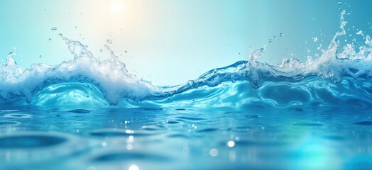 Poster - Clear transparent blue water surface with splashes, bubbles. Water waves with sunlight. Abstract summer background. Great for skincare products. Perfect for banner advert. Clean, refreshing. Suitable