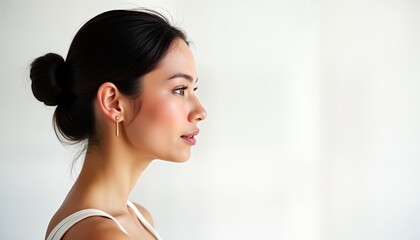 Wall Mural - Elegant woman stands in profile view. Bun hairstyle. Wears simple white top, gold earrings. Expression calm, confident. Studio shot against plain white backdrop. Natural light highlights features.