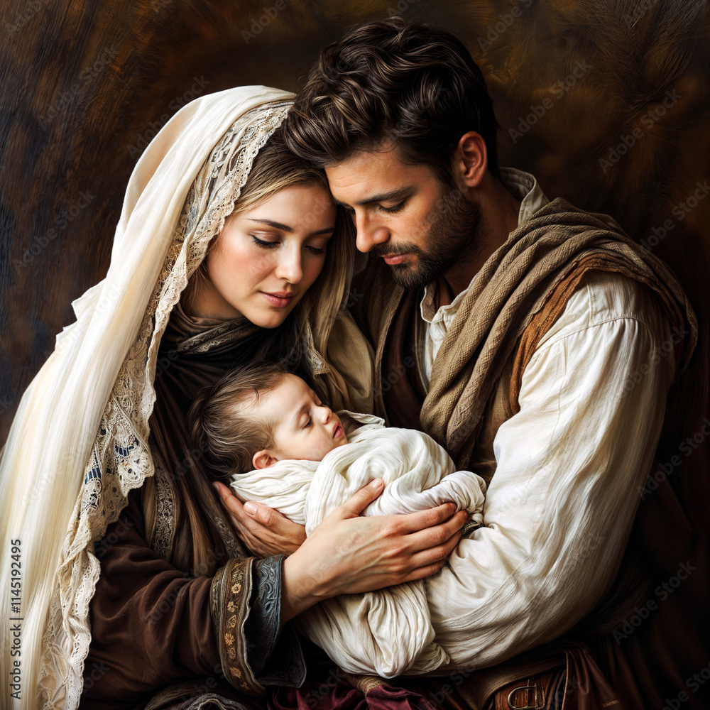 Depiction of traditional nativity scene with Mary and Joseph cradling ...