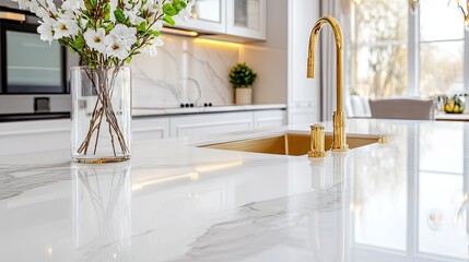 Wall Mural - Bright kitchen showcases a white marble countertop with a golden faucet, complemented by a delicate floral arrangement in a glass vase, reflecting modern elegance and style.