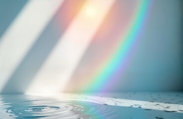 Aufkleber - Abstract photo features blurred water ripples, light refraction. Diagonal holographic rainbow flare overlays plain white wall. Sunbeams cast soft shadows. Minimalist design for product presentation.
