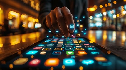 Hand interacts with glowing app icons on a tablet.