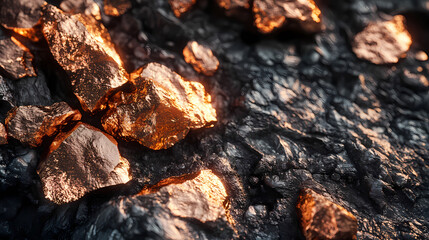 Wall Mural - Close-up of raw copper ore nuggets shimmering in natural light, showcasing metallic luster and rough texture, against a dark, contrasting stone background. Luster. Illustration