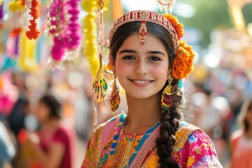 Radiant young woman in traditional attire at a vibrant cultural festival with colorful decorations