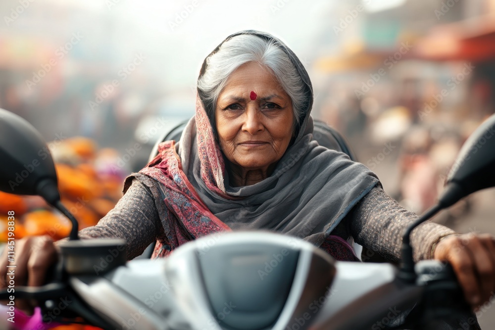Elderly indian woman confidently riding a motorcycle in bustling market ...