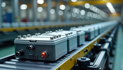 Leinwandbilder - High voltage lithium ion batteries move along automated production line in modern factory. Components arranged systematically on conveyor belt. Manufacturing process for electric car batteries clear
