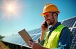 © miss irine - Young engineer working outdoors on solar panel installation. Uses tablet, phone to check panel operation under bright sunshine. Wears safety gear. Eco-friendly renewable energy tech installation in