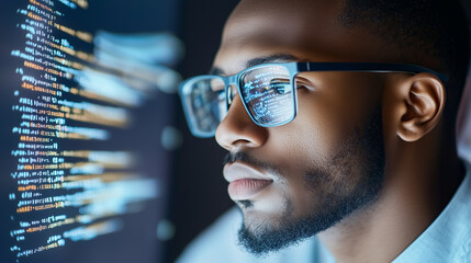 Focused software developer analyzing code on a screen at night in a modern workspace