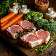 Wall Mural - Raw pork chops with carrots, broccoli, mushrooms, and herbs on a wooden board.