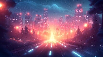 Canvas Print - Glowing glitch photo effect on a futuristic city with light trails and neon patterns moving through the scene