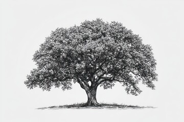 Detailed grayscale drawing of a large, full, majestic oak tree on a small hill.