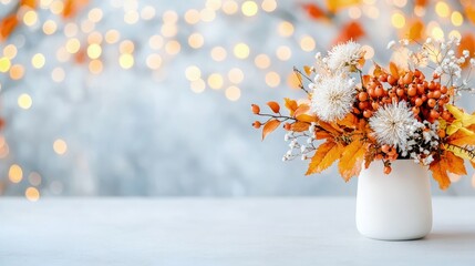 Wall Mural - Autumnal floral arrangement in white vase on table.