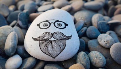 Wall Mural - A white pebble decorated with a hand-drawn man face featuring glasses, a mustache, and a beard sits among smooth gray stones.